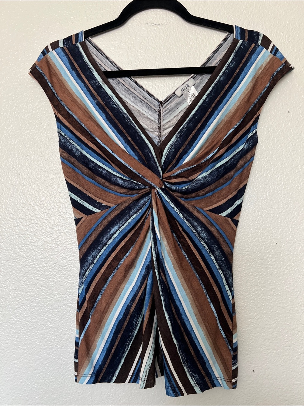 Vintage Cache Striped Twist-Front V-Neck Top - Blue, Brown, White Size Small